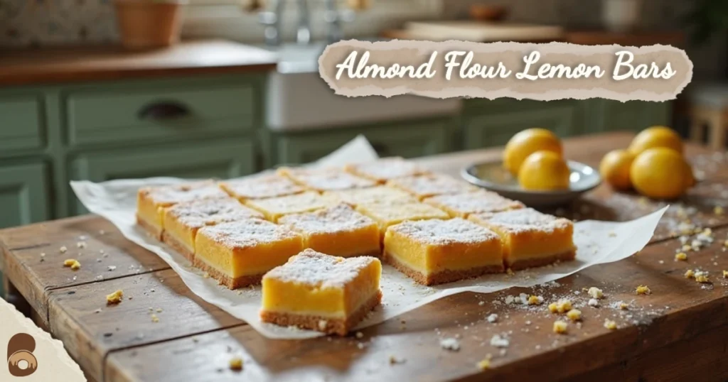 Almond flour lemon bars cut into squares with scattered crumbs and zest.