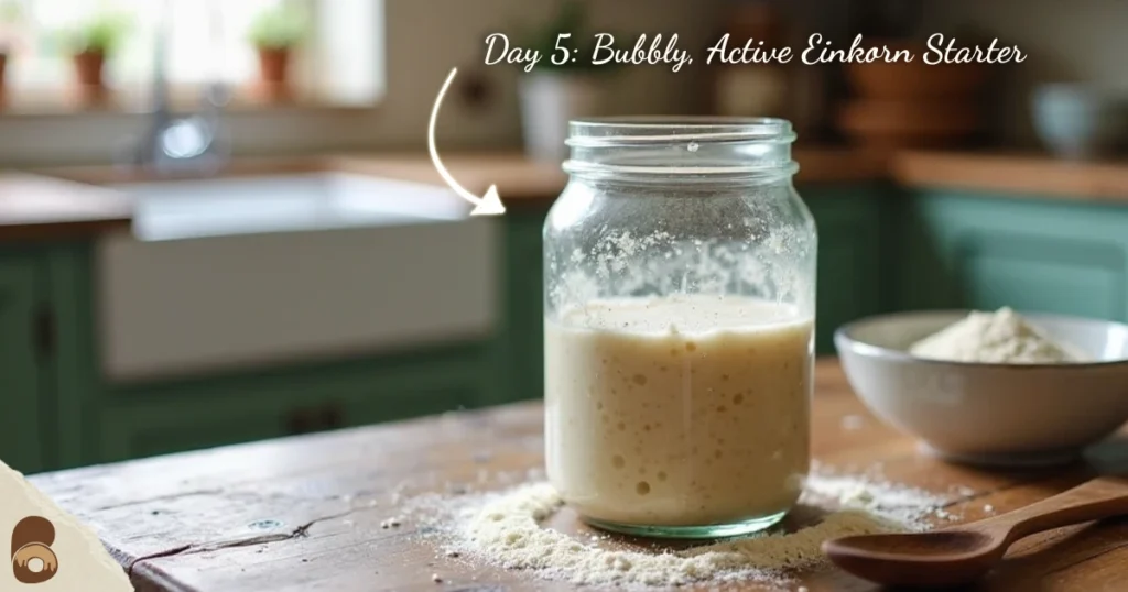 Einkorn sourdough starter jar with flour and spoon on rustic table