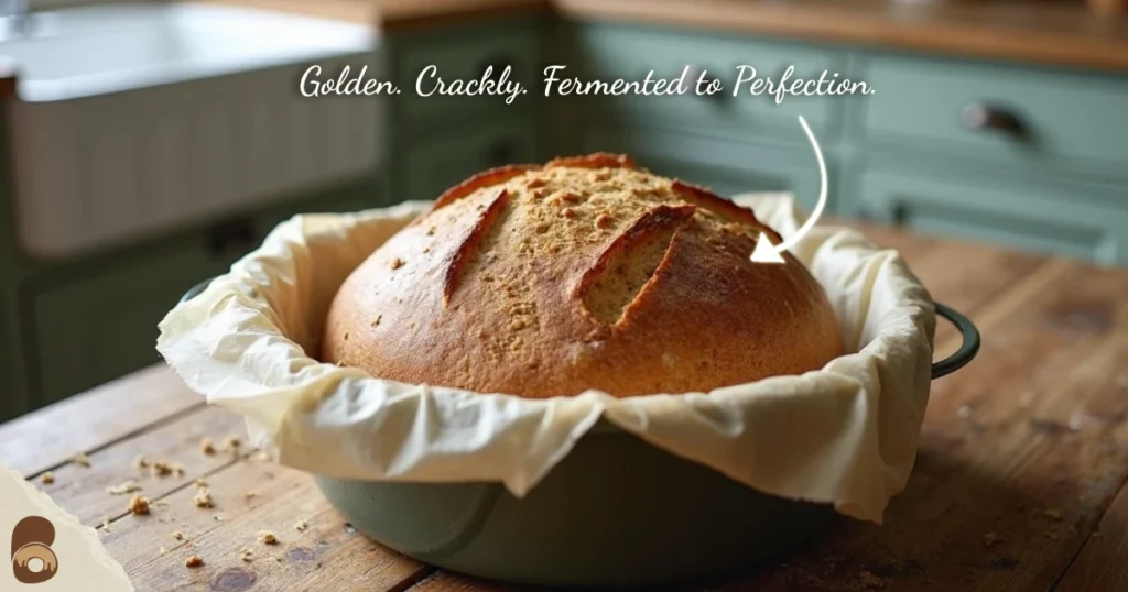 Freshly baked einkorn sourdough in Dutch oven on rustic table