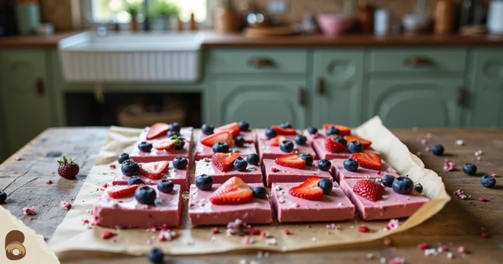 Frozen yogurt bark topped with berries on a rustic wooden table in a vintage kitchen.