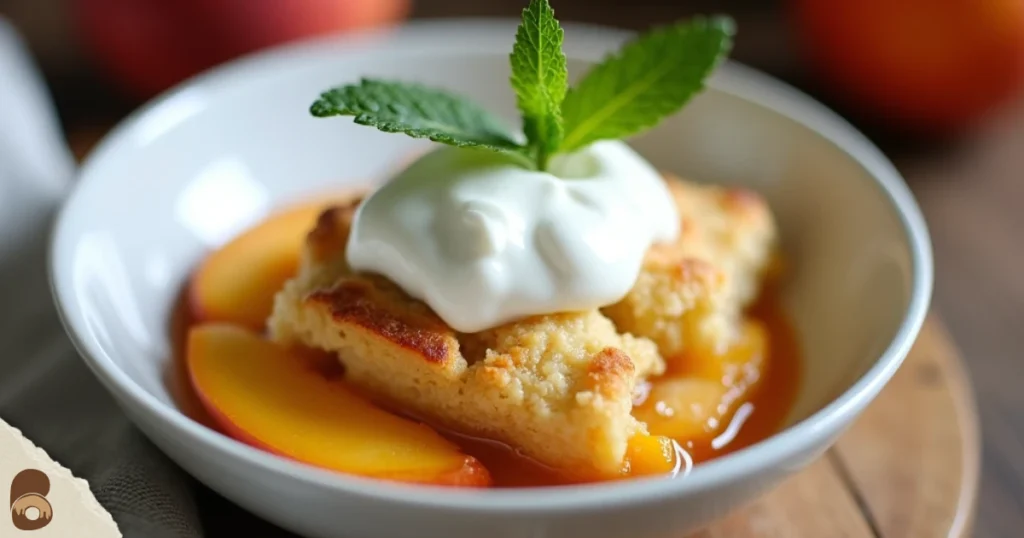 Healthy peach dessert idea with cobbler topped with Greek yogurt.