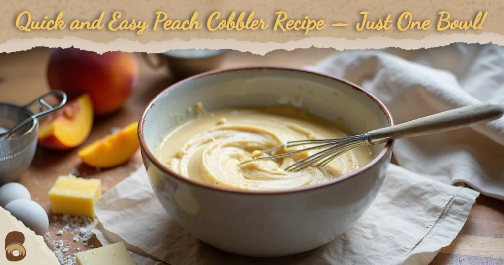 Ingredients for quick and easy peach cobbler recipe on a rustic kitchen table.