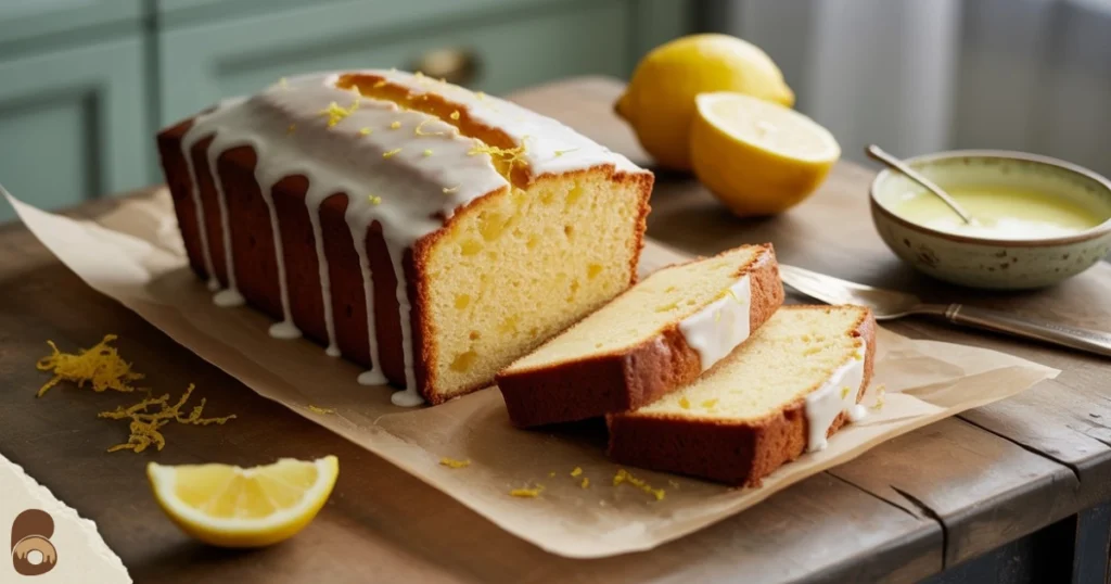 Lemon-glazed vegan pound cake sliced on a rustic table.