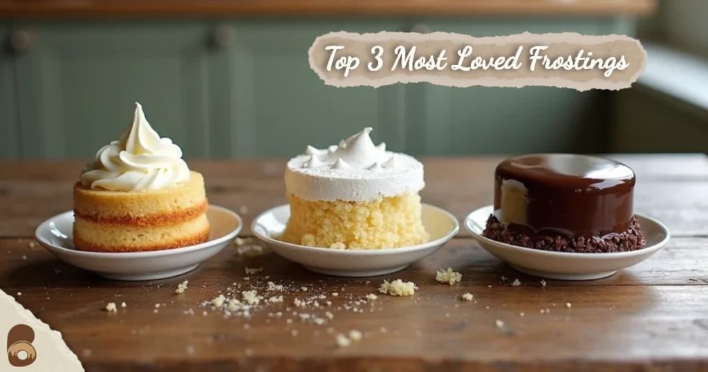 Mini cakes showing American buttercream, Swiss meringue, and ganache frostings.