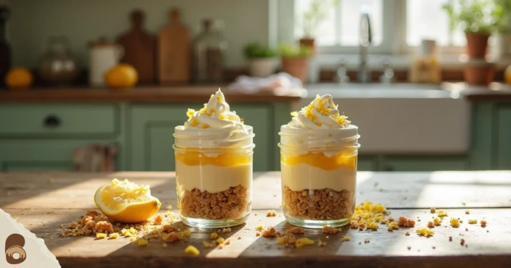 Mini jars of no-bake lemon cheesecake layered with crumbs and cream on a rustic kitchen table.
