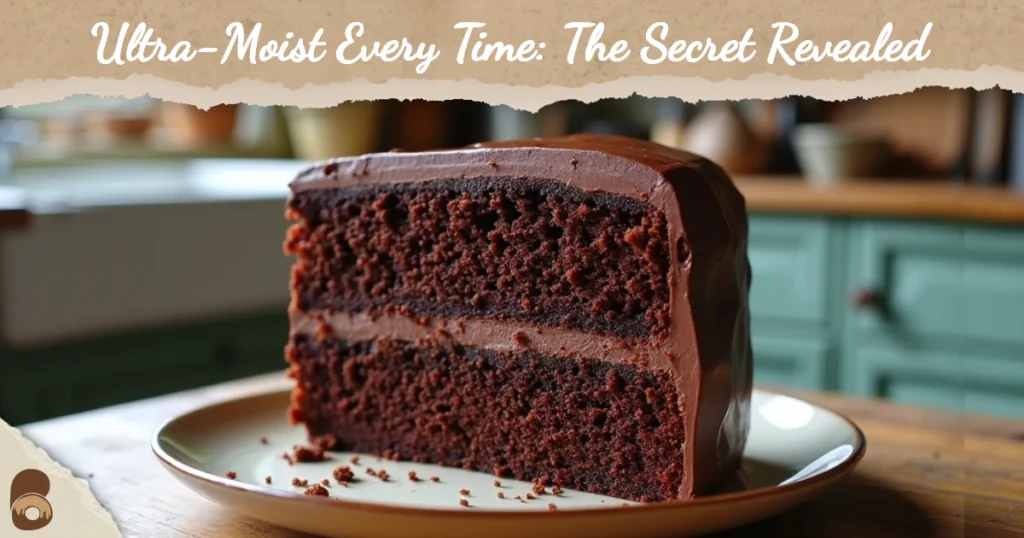 Moist chocolate cake slice showing how to fix common cake fails like dryness and density