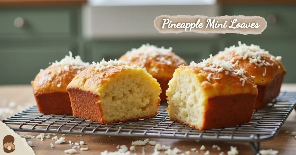 Moist pineapple-coconut mini loaves resting on a cooling rack in a sunlit farmhouse kitchen.