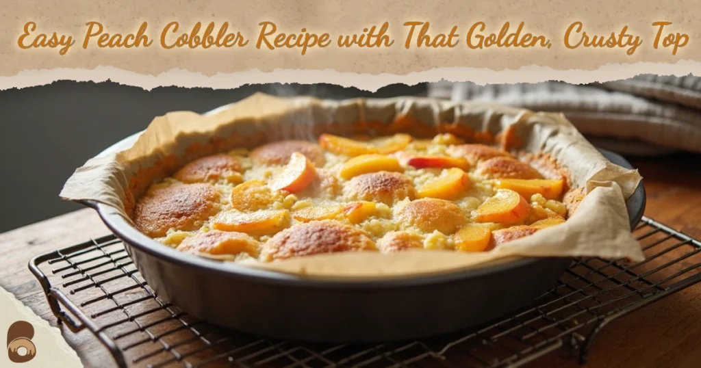 Peach cobbler recipe cooling on a rack after baking with golden crust.