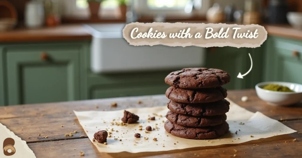 Pumpkin-seed and coffee flour cookies stacked on a rustic table with scattered crumbs.