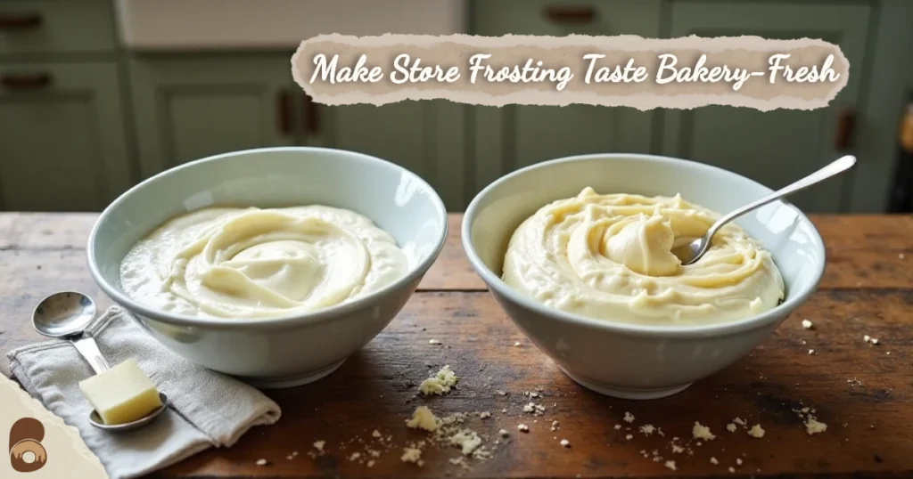 Side-by-side comparison of plain and upgraded store-bought vanilla frosting.