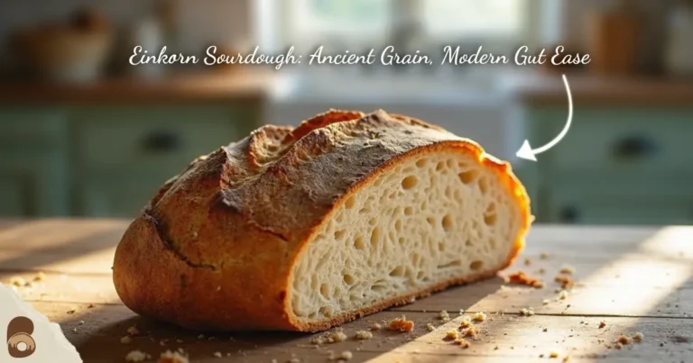 Sliced einkorn sourdough bread on rustic wooden kitchen table