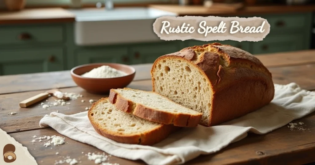 Sliced rustic spelt bread on a farmhouse table with vintage kitchen background.