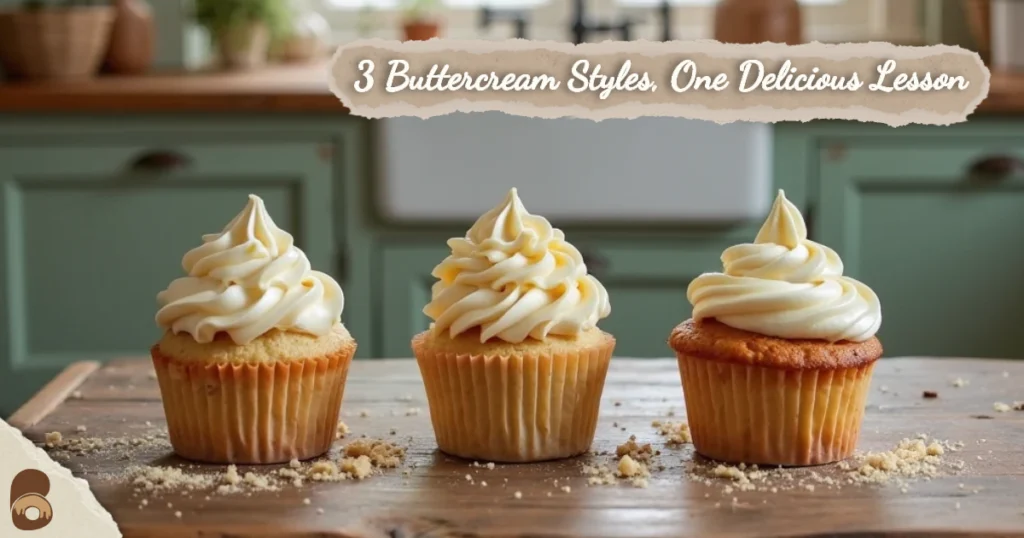 Three cupcakes showing American, Swiss, and Italian buttercream styles.