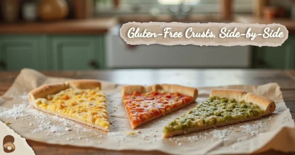 Three slices of gluten-free pizza crust made with cassava, chickpea, and banana flour.