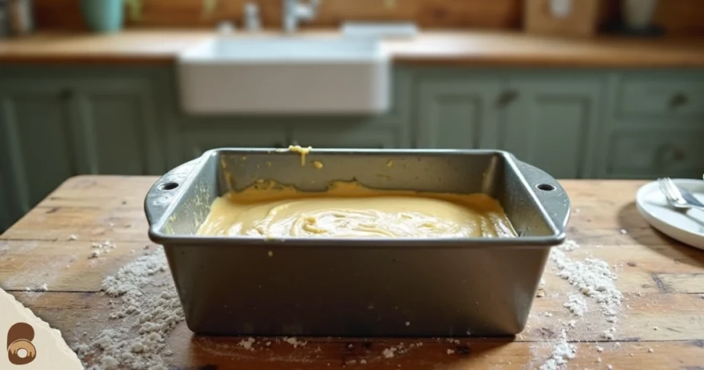 Vegan pound cake batter in a loaf pan ready for baking.