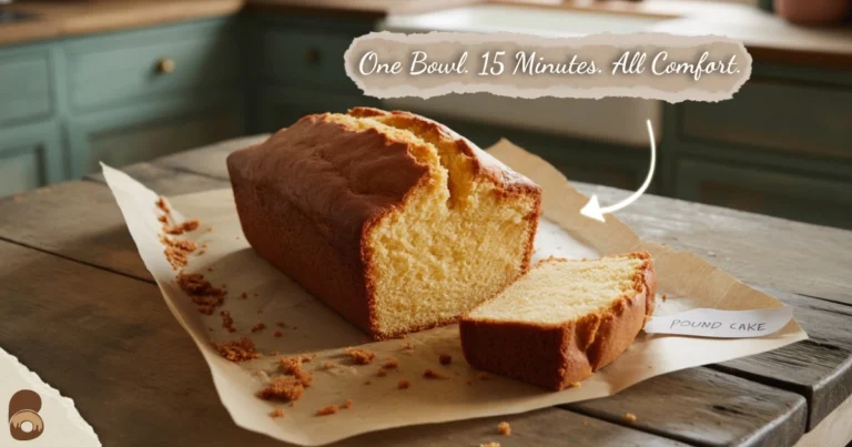 Whole vegan pound cake loaf with one slice cut, shown in a rustic kitchen setting.