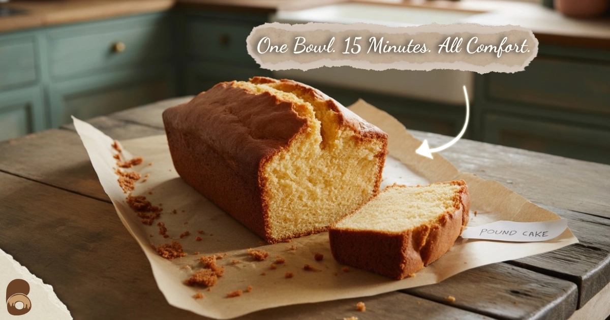 Whole vegan pound cake loaf with one slice cut, shown in a rustic kitchen setting.