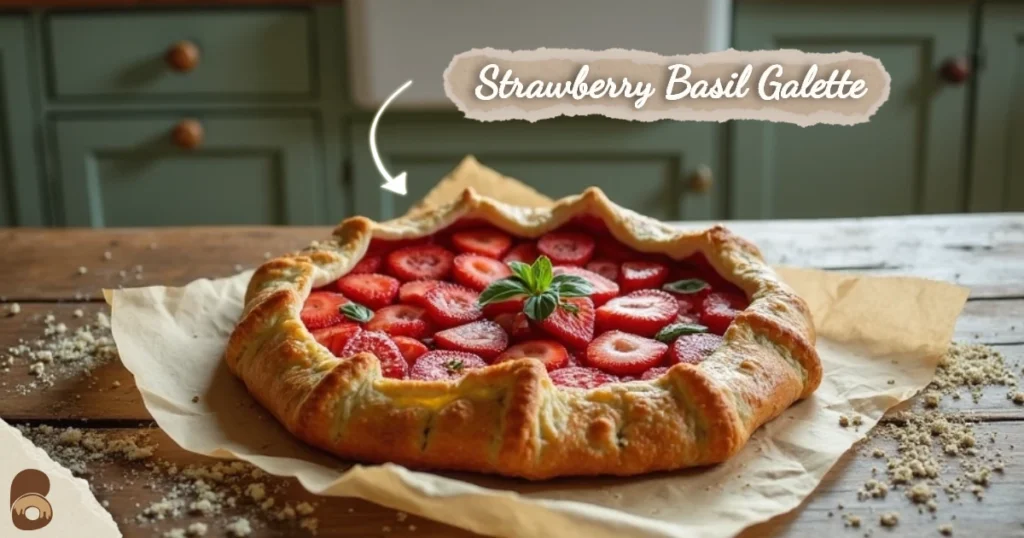 reshly baked strawberry basil galette cooling on a rustic wooden table in a vintage summer kitchen.