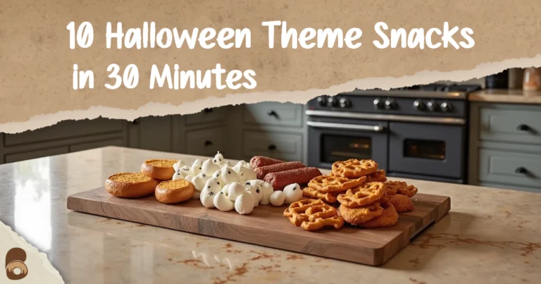 A rustic kitchen counter with a festive platter of Halloween theme snacks including mummy hot dogs, ghost pretzels, and monster marshmallow pops.