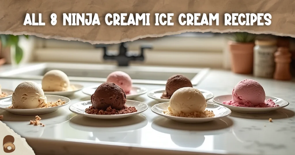 Assorted bowls of eight Ninja Creami protein ice cream recipes displayed on marble countertop.