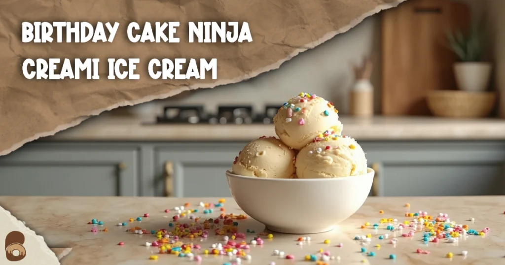 Bowl of birthday cake sprinkle Ninja Creami protein ice cream on a marble countertop.