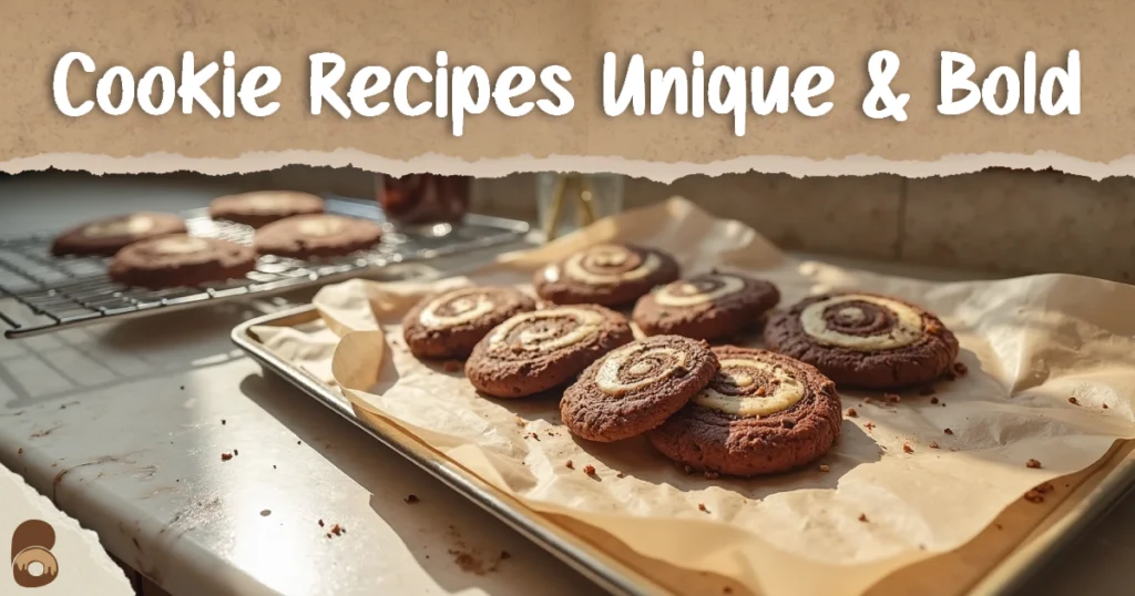 Chocolate-tahini swirl cookies cooling on a tray, showing marbled cocoa and tahini patterns.