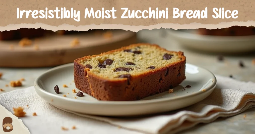 Close-up of a moist slice of zucchini chocolate chip bread with visible chocolate chips