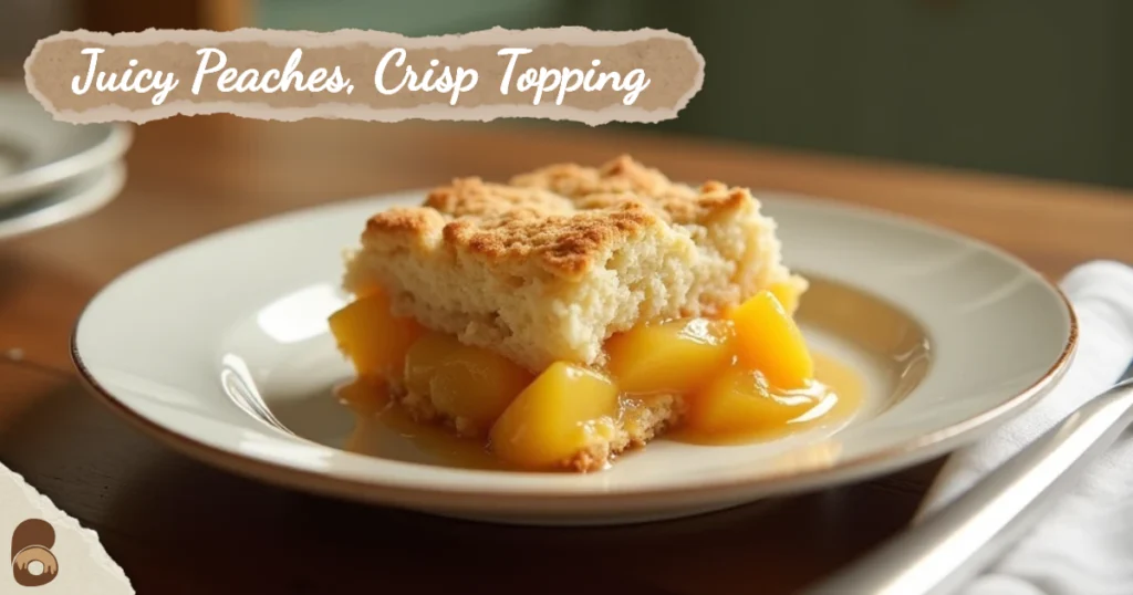Close-up of a serving of peach cobbler showing golden crust and juicy peach filling.
