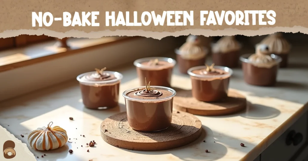 Close-up of no-bake Halloween dessert recipes including mousse cups and ghost meringues.