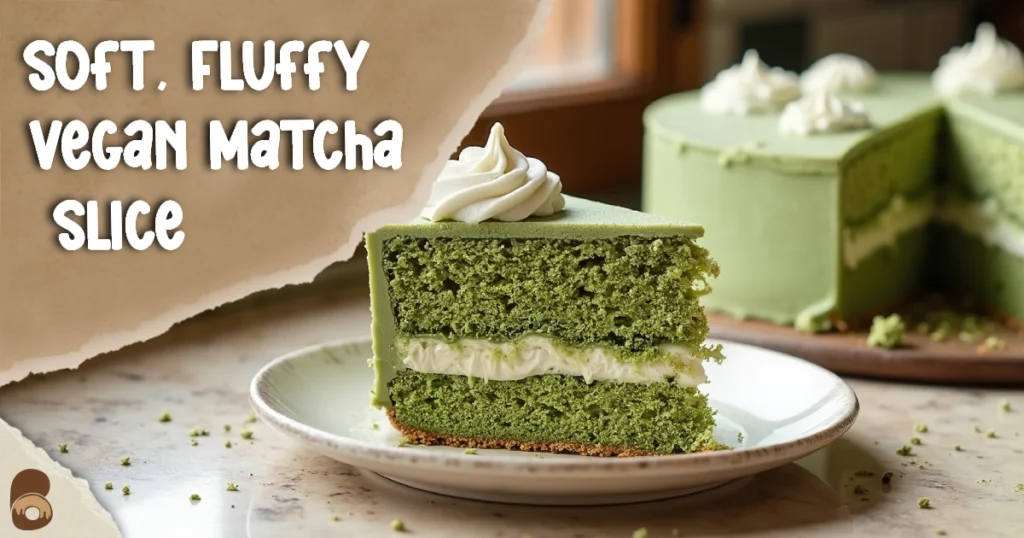 Close-up of sliced vegan matcha cake with coconut cream topping on rustic marble countertop.