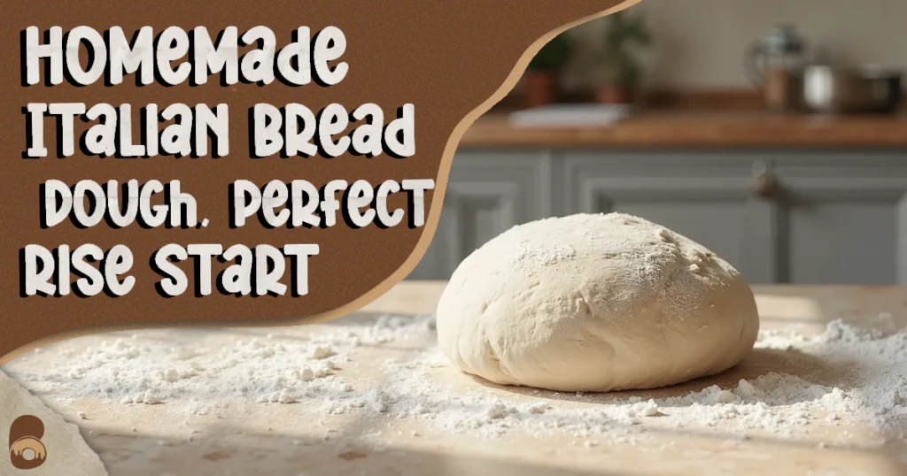 Elastic dough ball for homemade Italian bread on marble counter, lightly floured.