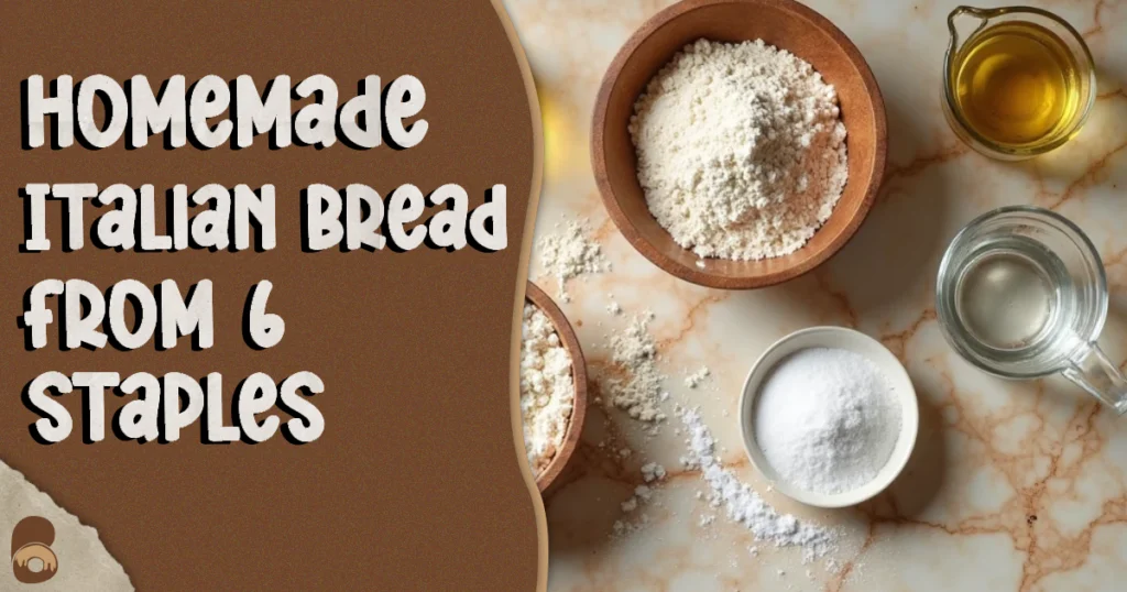 Flat lay of bread flour, yeast, water, olive oil, sugar, and salt for homemade Italian bread.