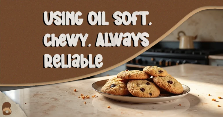 Freshly baked chocolate chip cookies using oil stacked on a marble counter in a rustic kitchen.