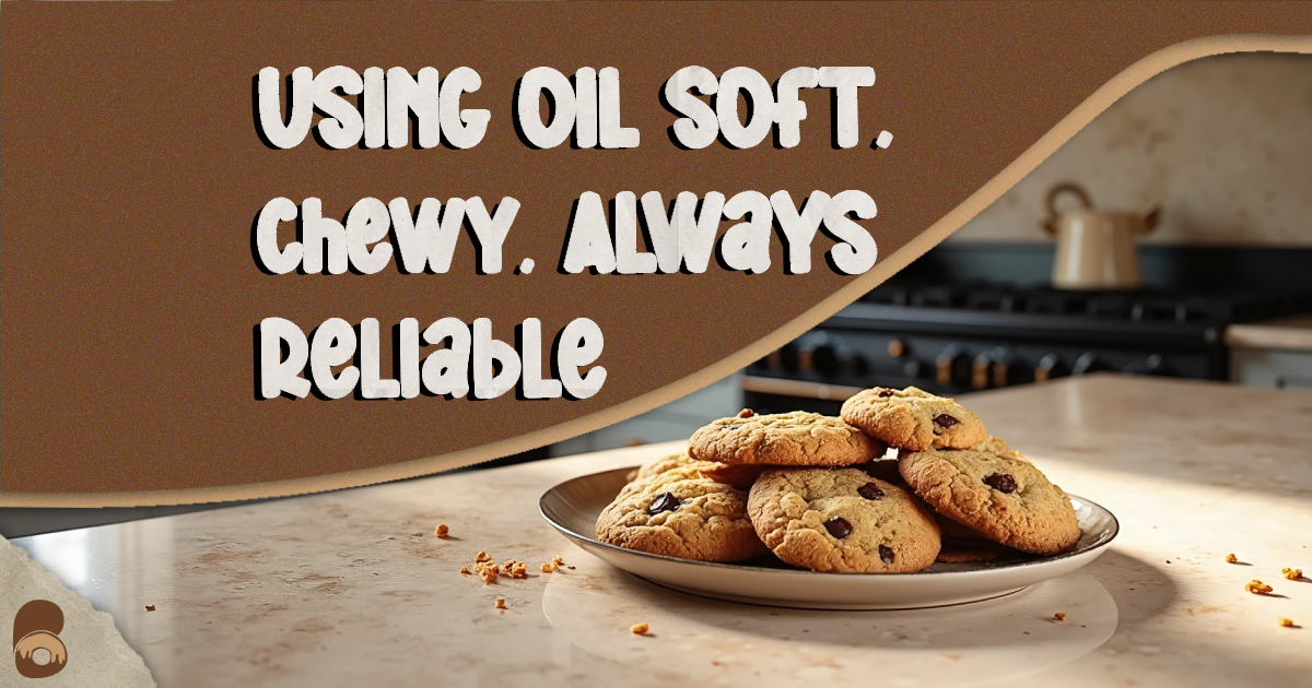 Freshly baked chocolate chip cookies using oil stacked on a marble counter in a rustic kitchen.