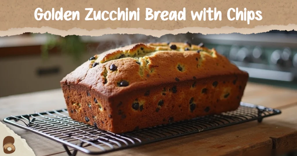 Freshly baked zucchini chocolate chip bread cooling on a rack in a rustic kitchen