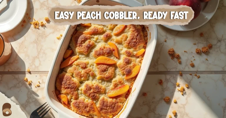 Golden baked peach cobbler in a rustic kitchen setting, showcasing the easy peach cobbler recipe using canned peaches.