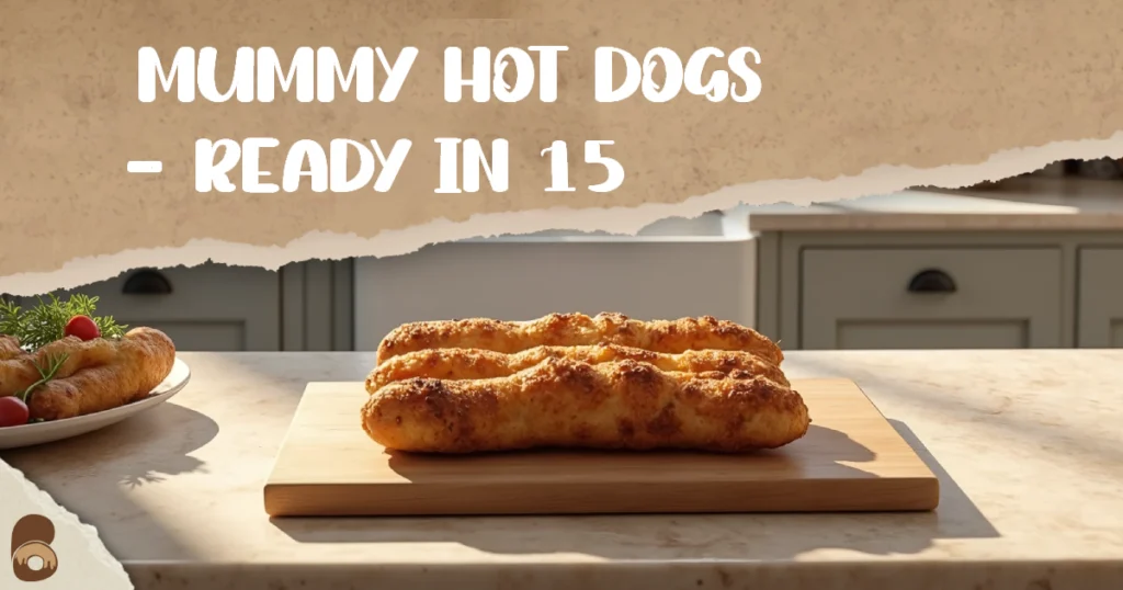Golden brown mummy hot dogs cooling on a marble counter, styled for Halloween theme snacks.