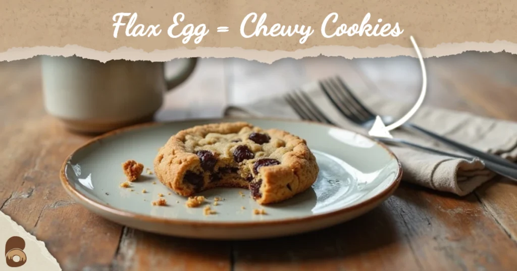 Half-eaten vegan cookie made with flax egg on rustic table