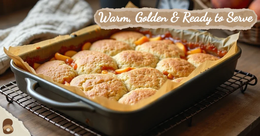 Hot peach cobbler cooling on a wire rack after baking.