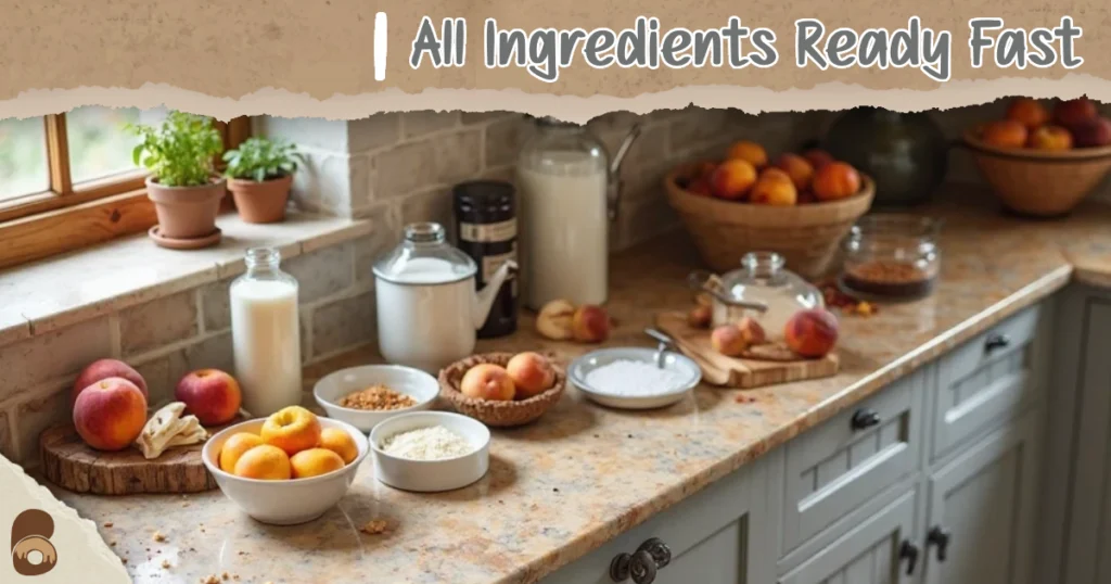 Ingredients for easy peach cobbler recipe using canned peaches arranged on a rustic marble countertop.