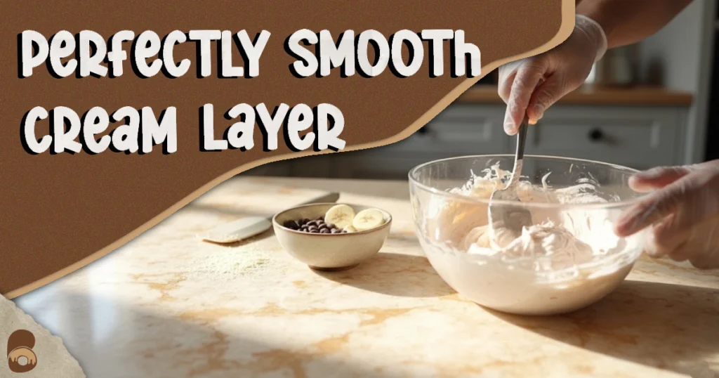 No Bake Banana Split Cake Recipe preparation showing cream layer being folded.