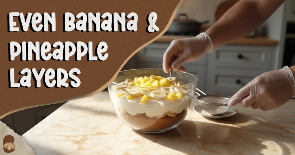 No Bake Banana Split Cake Recipe showing bananas and pineapple being layered.