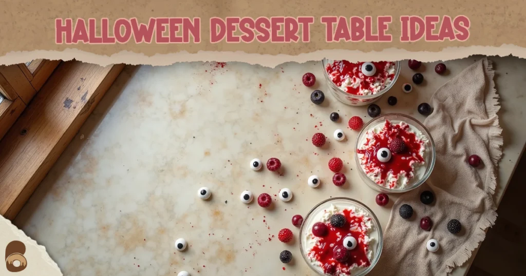 Overhead view of a Halloween dessert table with pudding cups, berry trifles, and festive edible decorations.
