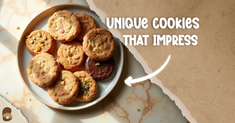 Overhead view of assorted unique cookies including pistachio-rose, chocolate-tahini swirls, orange-cardamom sugar, and espresso-almond biscotti.