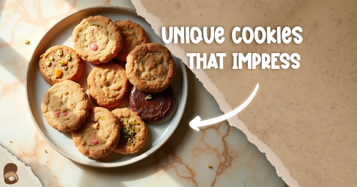 Overhead view of assorted unique cookies including pistachio-rose, chocolate-tahini swirls, orange-cardamom sugar, and espresso-almond biscotti.
