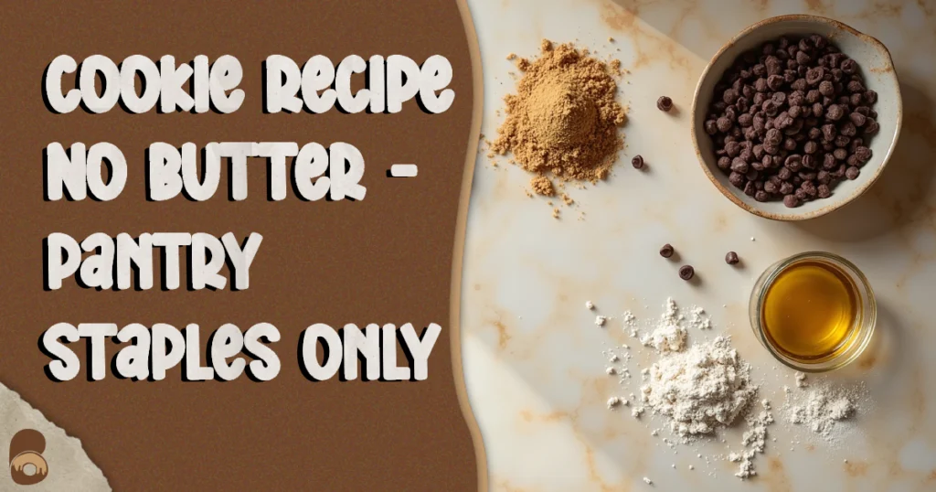 Overhead view of cookie ingredients for chocolate chip cookies using oil arranged on marble countertop.