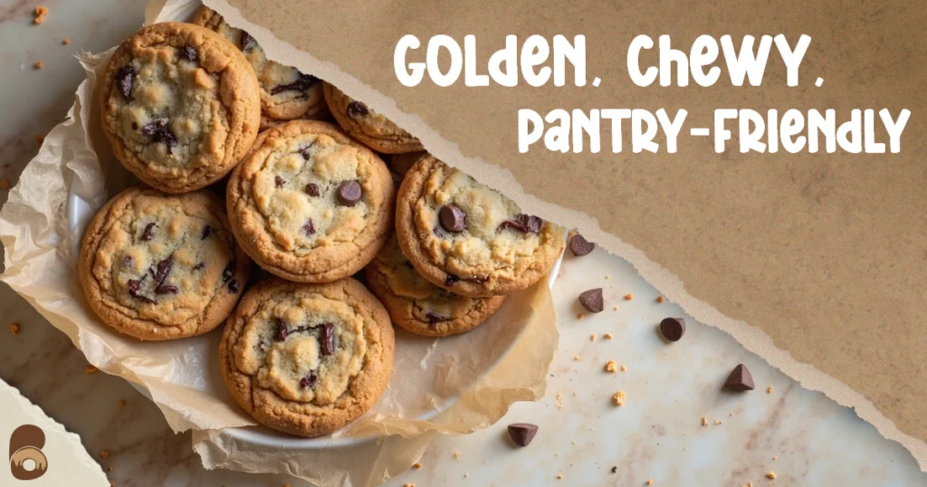 Overhead view of golden baked cookies cooling on marble counter — Chocolate Chip Cookie Recipe No Brown Sugar.