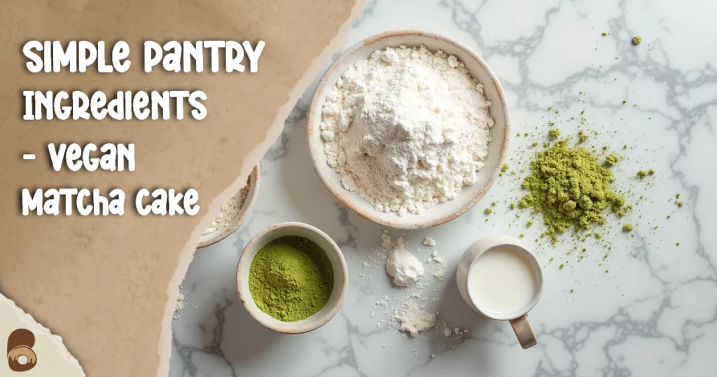 Overhead view of measured ingredients for vegan matcha cake on rustic marble countertop.