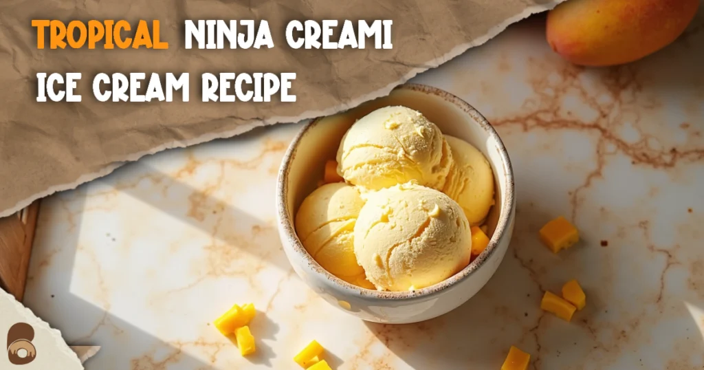 Overhead view of tropical mango coconut Ninja Creami protein ice cream on marble countertop.