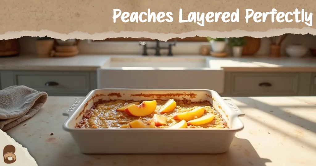 Peach cobbler batter poured and canned peaches arranged on top in preparation for baking.